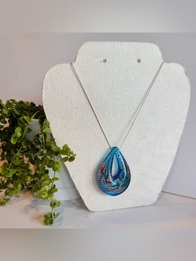 Blue and Copper Tone Dichroic Teardrop Ocean Inspired Glass Pendant
